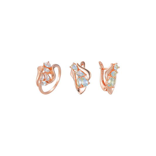 Fashion cluster lake blue rings jewelry set plated in Rose Gold colors