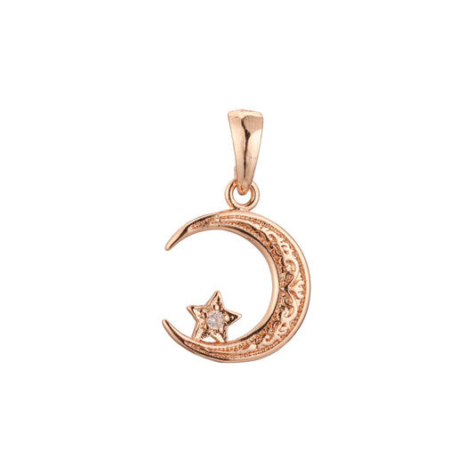 Star and Crescent moon pendant in Rose Gold, White Gold plating colors