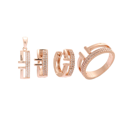 Half opened paved white CZ rings and pendant 14K Gold, Rose Gold jewelry set
