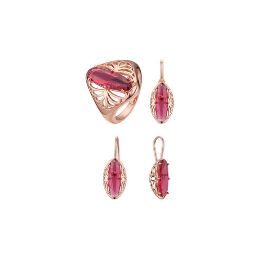 Solitaire oval red stone rings and pendant jewelry set plated in Rose Gold colors