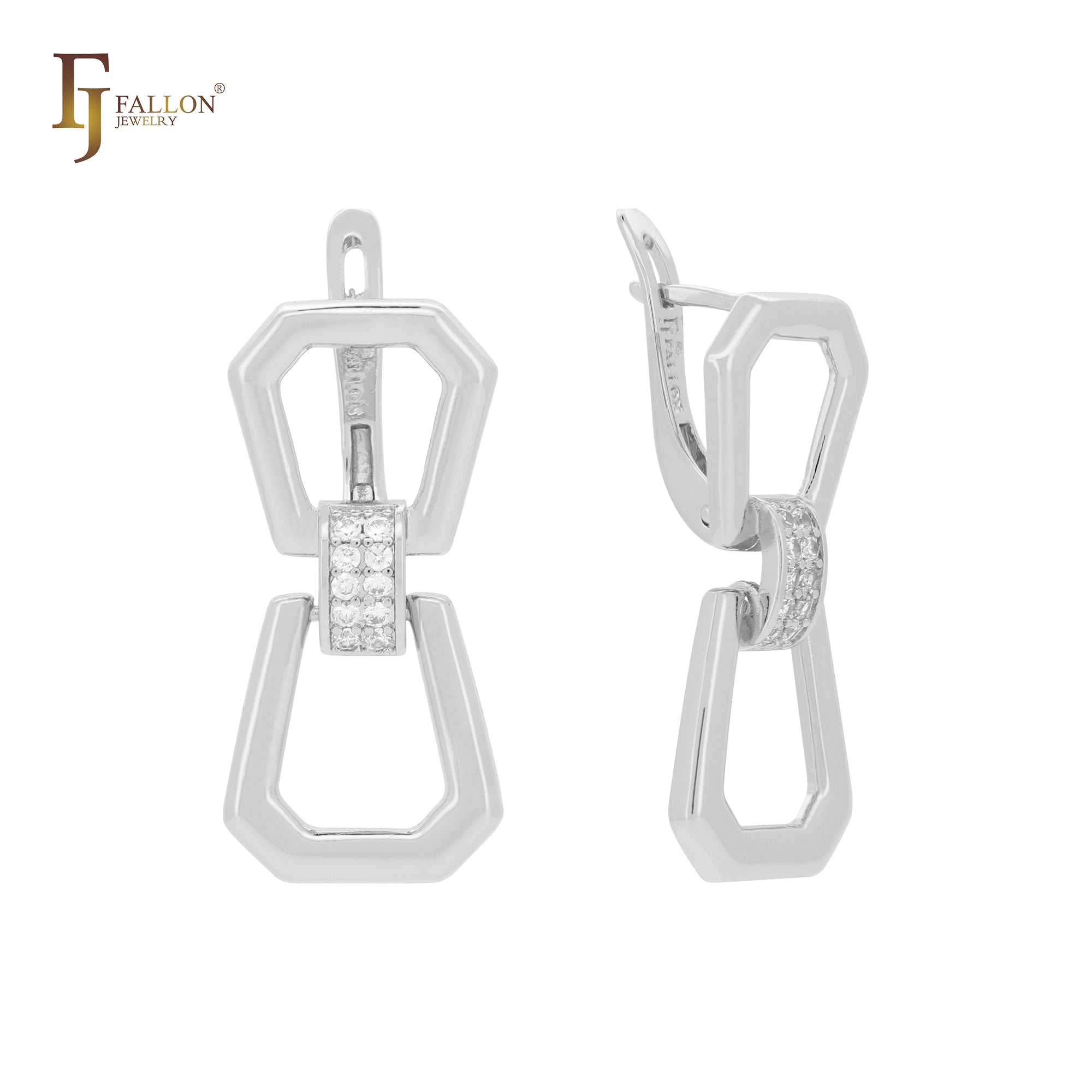 Double buckles up cluster white CZs 14K Gold earrings