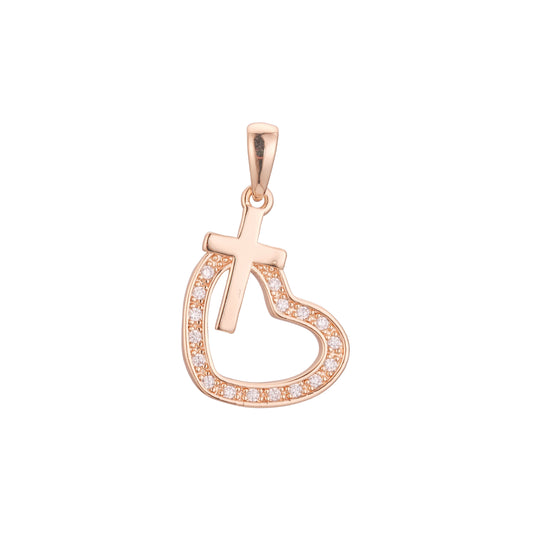 Cross in a heart pendant in Rose Gold, 14K Gold plating colors