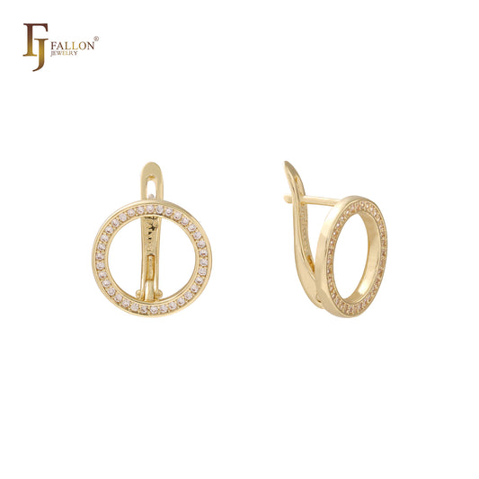 Circle Halo white CZs cluster 14K Gold earrings