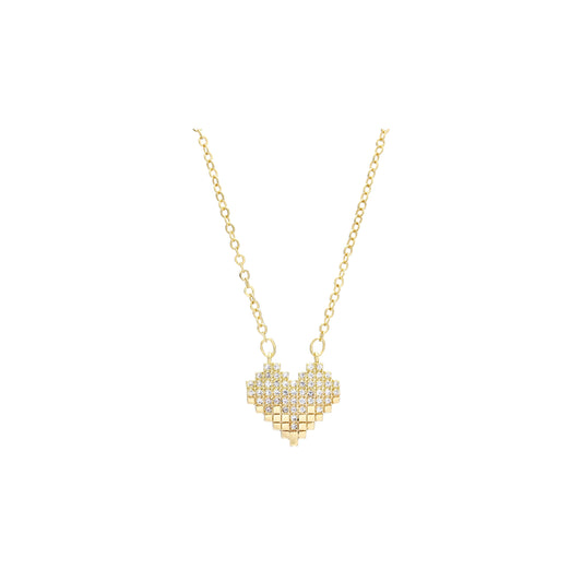 Paved mosaic white CZs cluster heart 14K Gold necklace