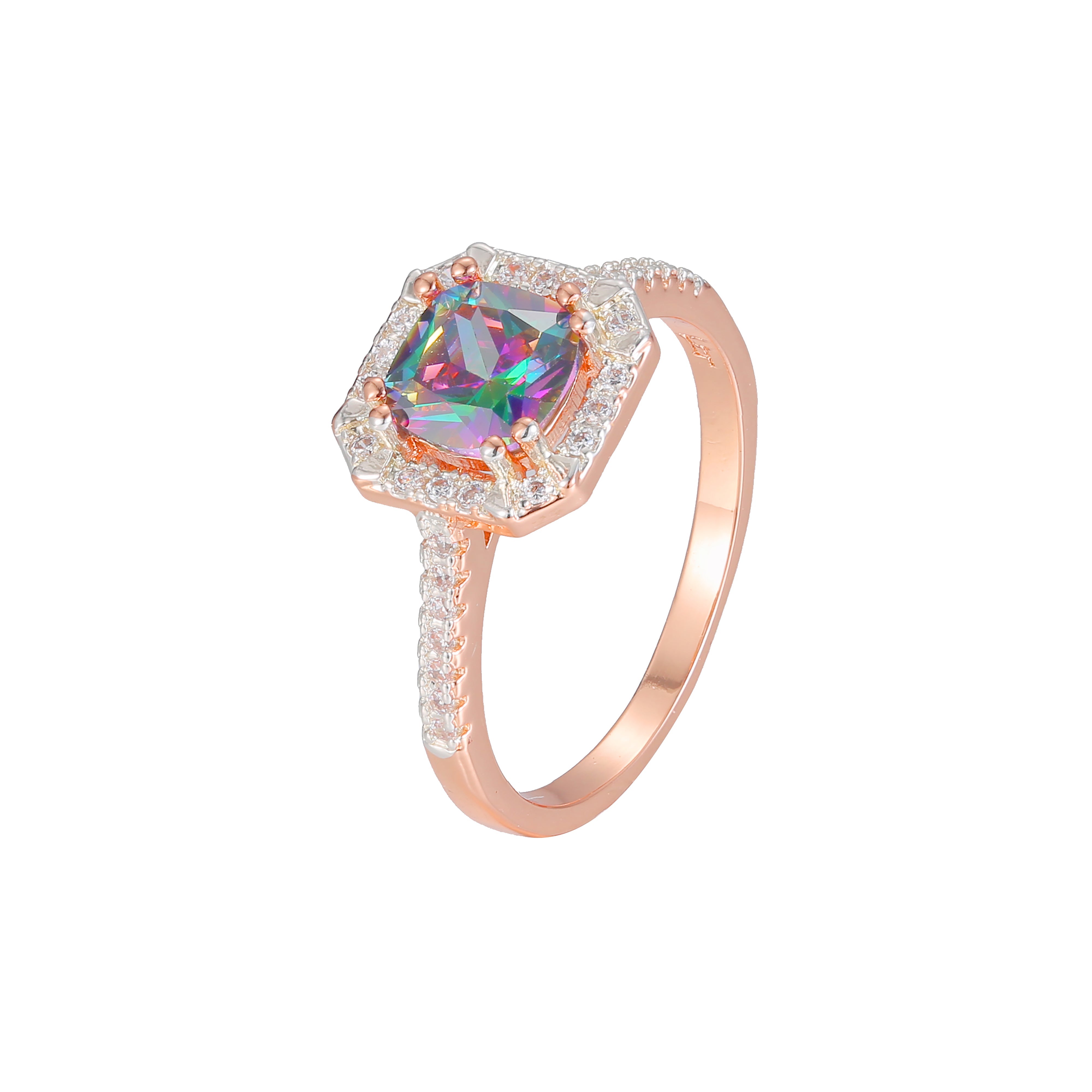 Colorful solitaire halo rings plated in Rose Gold