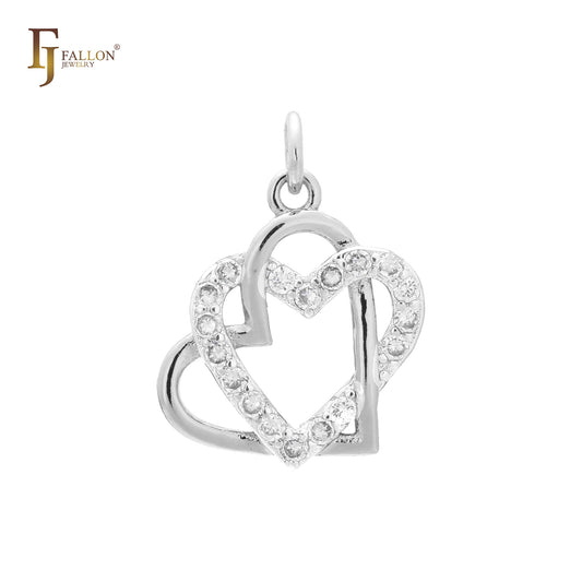 Double heart paved white cz Rose Gold two tone pendant