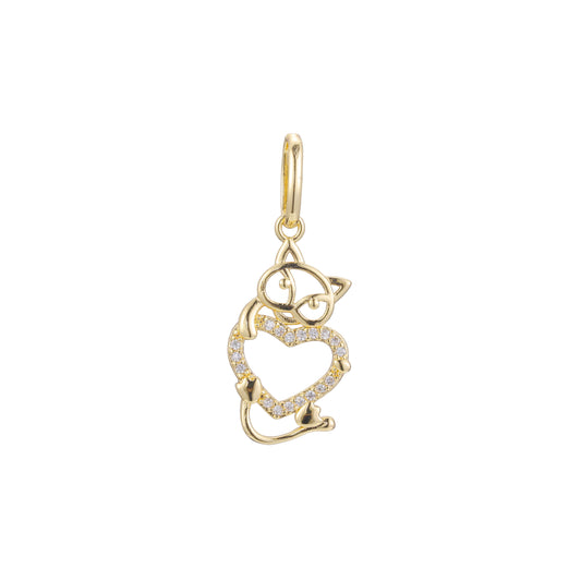 Cat holding heart animal pendant in 14K Gold, Rose Gold two tone plating colors