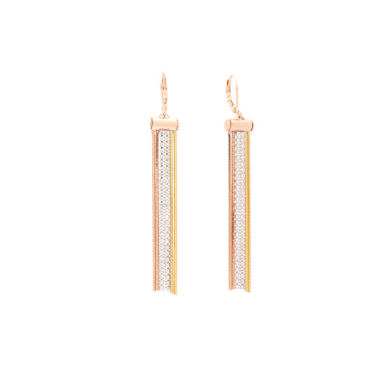 Wire hook three tone slim snake chain link and cluster white cz 14K Gold, Rose Gold earrings