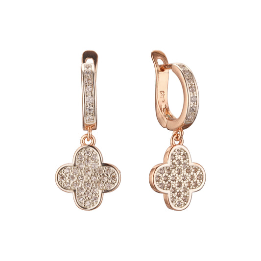 Clover drop paved white cz Rose Gold two tone earrings