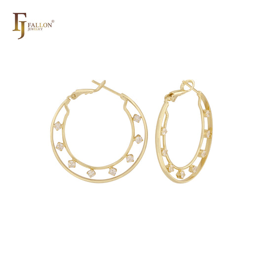 Cluster White CZs dotted 14K Gold Hoop earrings