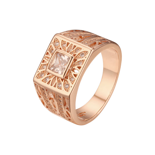 Luxurious Cluster solitaire and paved white cubic CZ men's signet white gold, Rose Gold rings