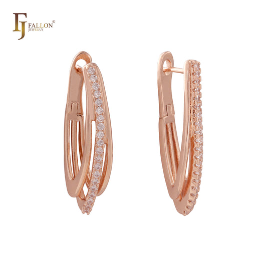 Triple row paved White CZs Rose Gold earrings