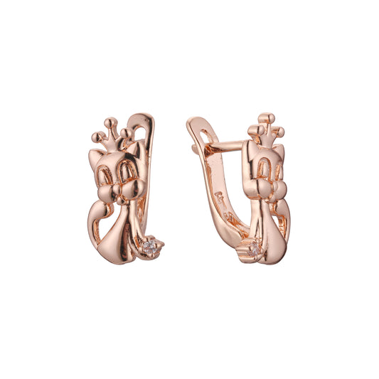 Cat with crown child earrings ini 14K Gold, Rose Gold plating colors
