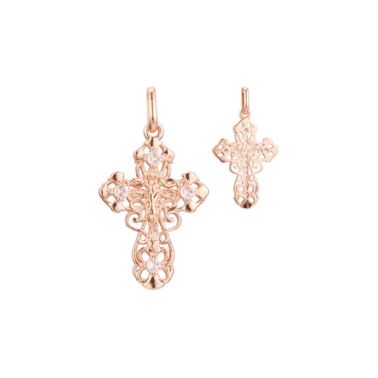 Catholic cross budded pendant in Rose Gold & 14K Gold plating colors