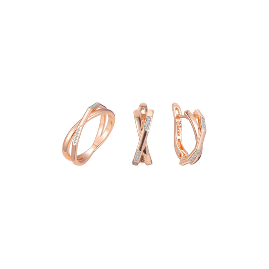 Double criss-cross cross over set with rings in Rose Gold, two tone plating colors