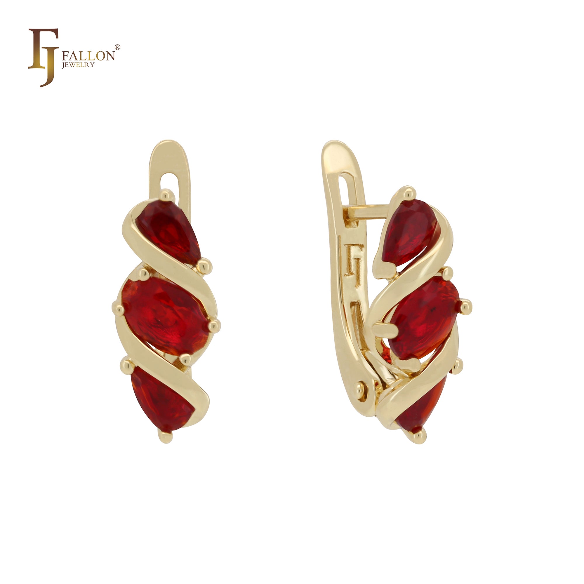 Embraced cluster triple red CZs 14K Gold Clip-On Earrings