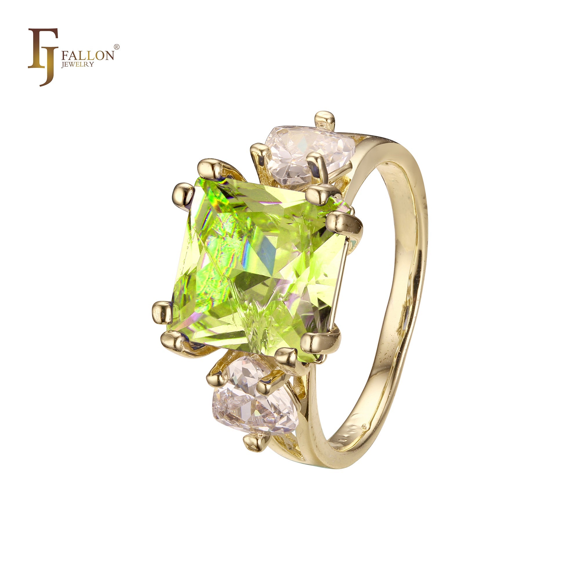Solitaire big emeald cut colorful CZ sided with two white CZs 14K Gold engagement rings