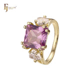 Solitaire big emeald cut colorful CZ sided with two white CZs 14K Gold engagement rings