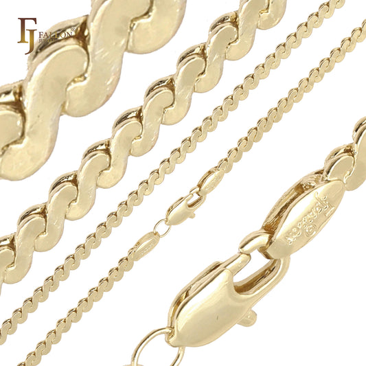 蛇纹石花式链节宽链条，镀 14K 金、18K 金、玫瑰金和白金