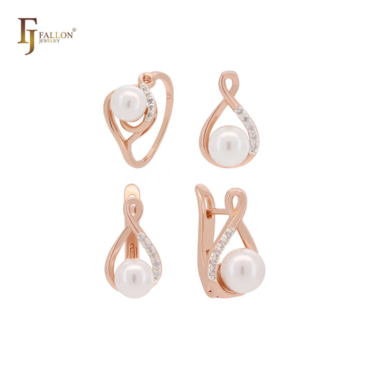 Pearl with white CZs minimalism Rose Gold two tone whole Jewelry Set with Rings and Pendant