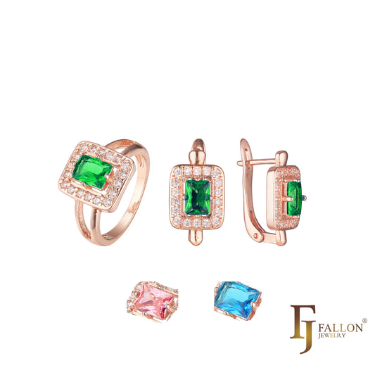 .Emerald corte piedra Halo pavimentado blanco cz anillos conjunto de joyas de oro rosa