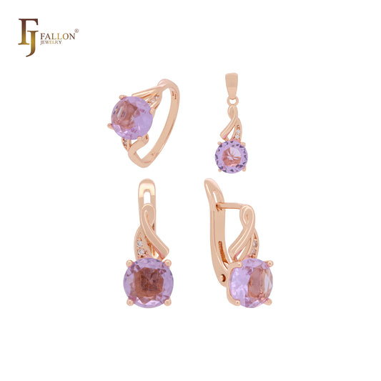 Big Solitaire purple red CZ Rose Gold Whole Jewelry Set with Rings and pendant