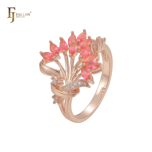 Luxuosa flor desabrochando vermelha CZ Fashion ouro 14K, ouro 18K, anéis de ouro rosa
