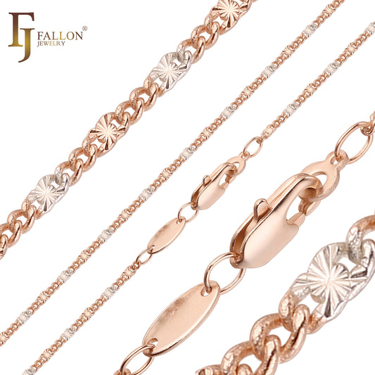 Correntes marteladas estilo Figaro com elos extravagantes e brilhantes banhadas em ouro 14K, ouro rosa em dois tons