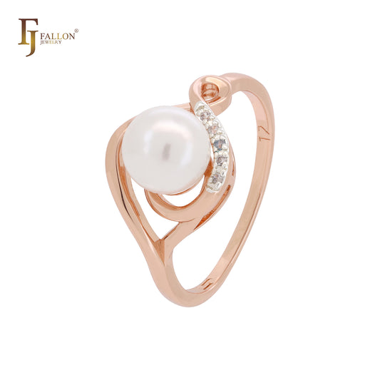 Pearl with white CZs minimalism Rose Gold two tone Engagement Rings