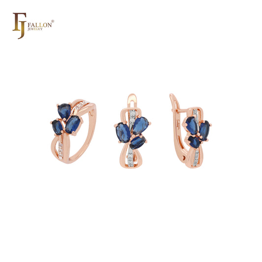 Triple deep blue oval CZs cluster Rose Gold two tone Jewelry Set with Rings