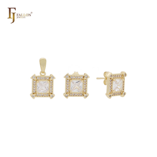 Squared asser cut white CZs halo 14K Gold Jewelry Set with Pendant