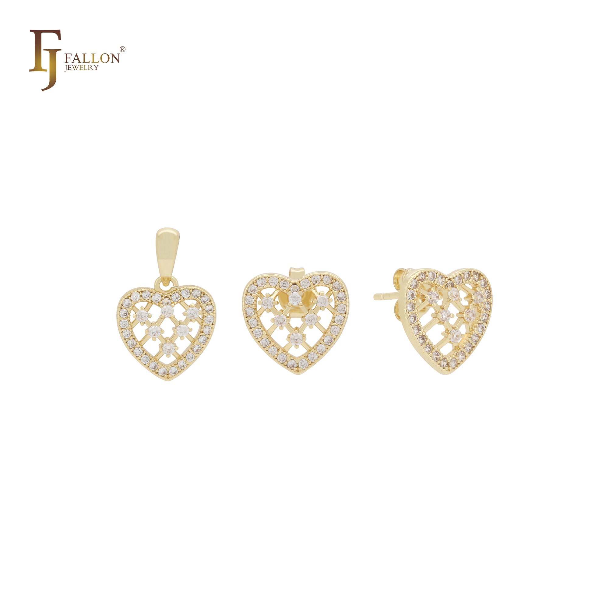 Petit tiny Net cluster white CZs heart shape 14K Gold Jewelry Set with Pendant and Stud Earrings