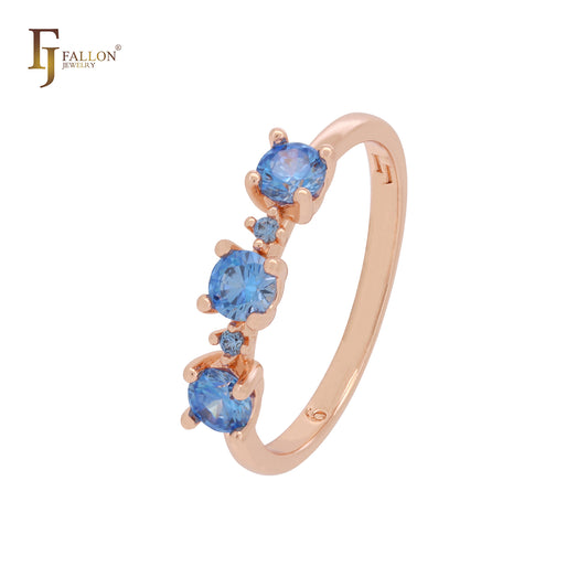 Triple rounded Deep Ocean Blue CZs Rose Gold Engagement Rings