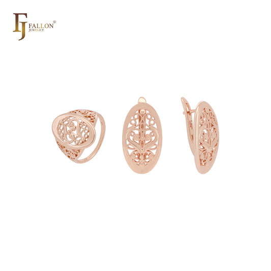 Oval ocean waves of filigree Rose Gold Jewelry Set with Rings