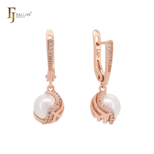 Embraced white CZs pearl 14K Gold, Rose Gold Clip-On Earrings