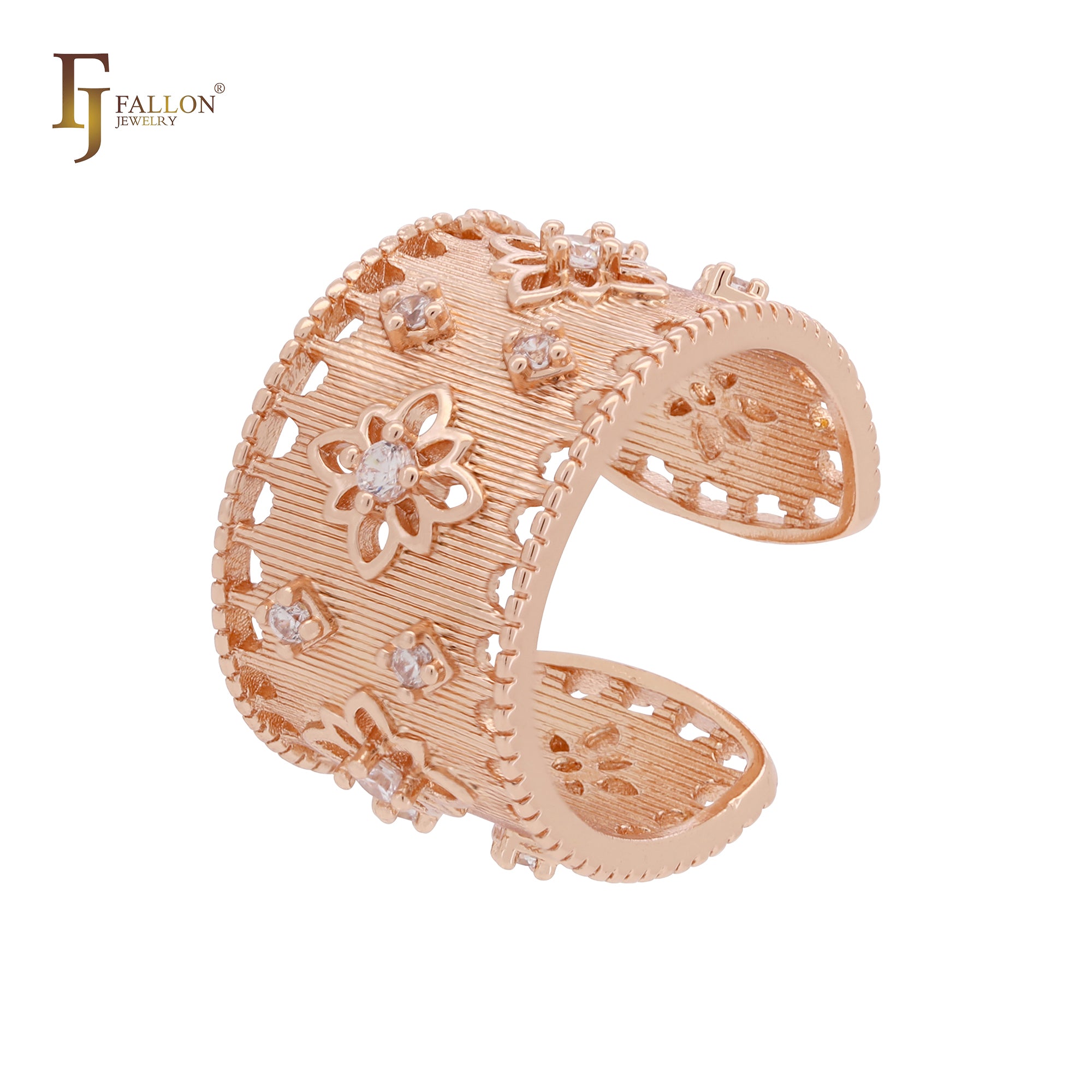 Resizable textured wide white CZs 14K Gold, Rose Gold open Rings