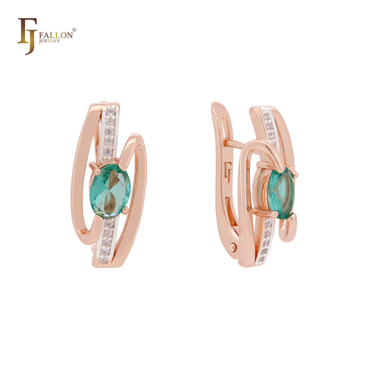 Oval solitaire green cz ribbon 585 Rose Gold two tone Clip-On Earrings