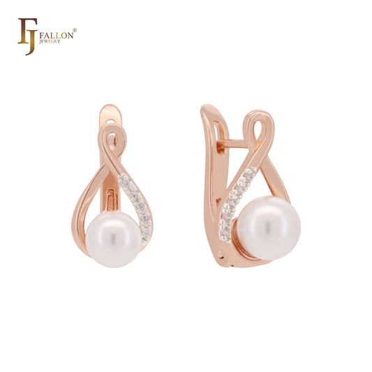 Pearl with white CZs minimalism Rose Gold two tone Clip-On Earrings