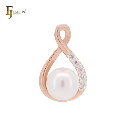 Pearl with white CZs minimalism Rose Gold two tone Solitaire Pendant