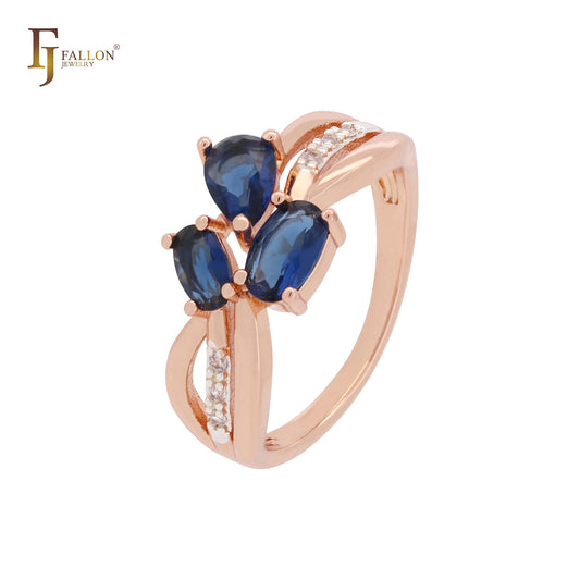 Triple deep blue oval CZs cluster Rose Gold Fashion Rings