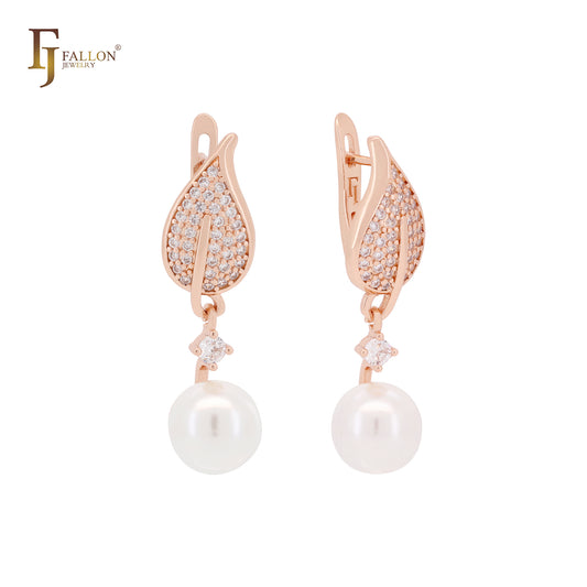 Leaves and Pearl cluster white CZs Rose Gold Clip-On Earrings