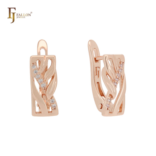 Window of leaves and branches white CZs 14K Gold, Rose Gold Clip-On Earrings