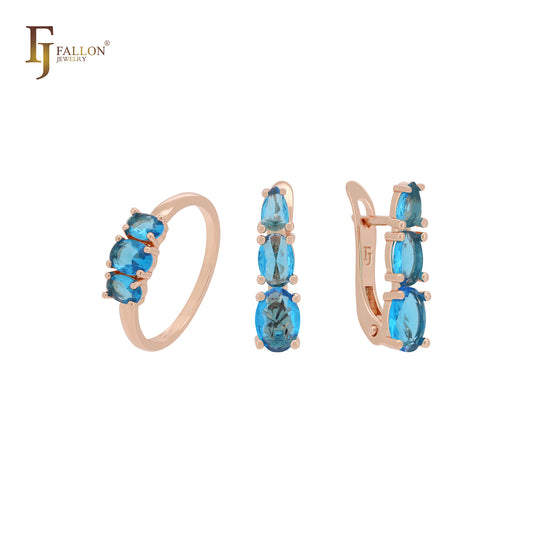 Triple cluster ocean blue CZs Rose Gold Jewelry Set with Rings