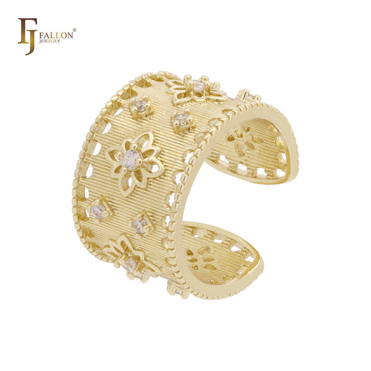 Resizable textured wide white CZs 14K Gold, Rose Gold open Rings