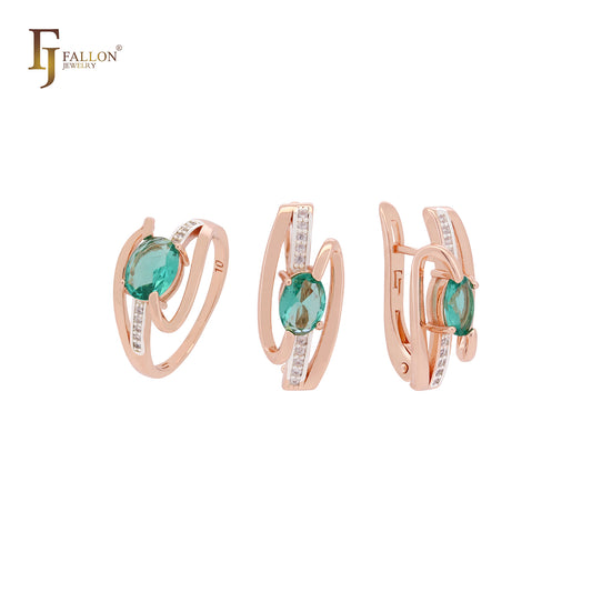 Oval solitaire green cz ribbon 585 Rose Gold two tone Jewelry Set with Rings