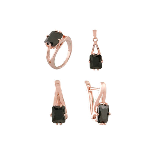 Conjunto de joyería con anillo y colgante de circonita negra en solitario en oro rosa