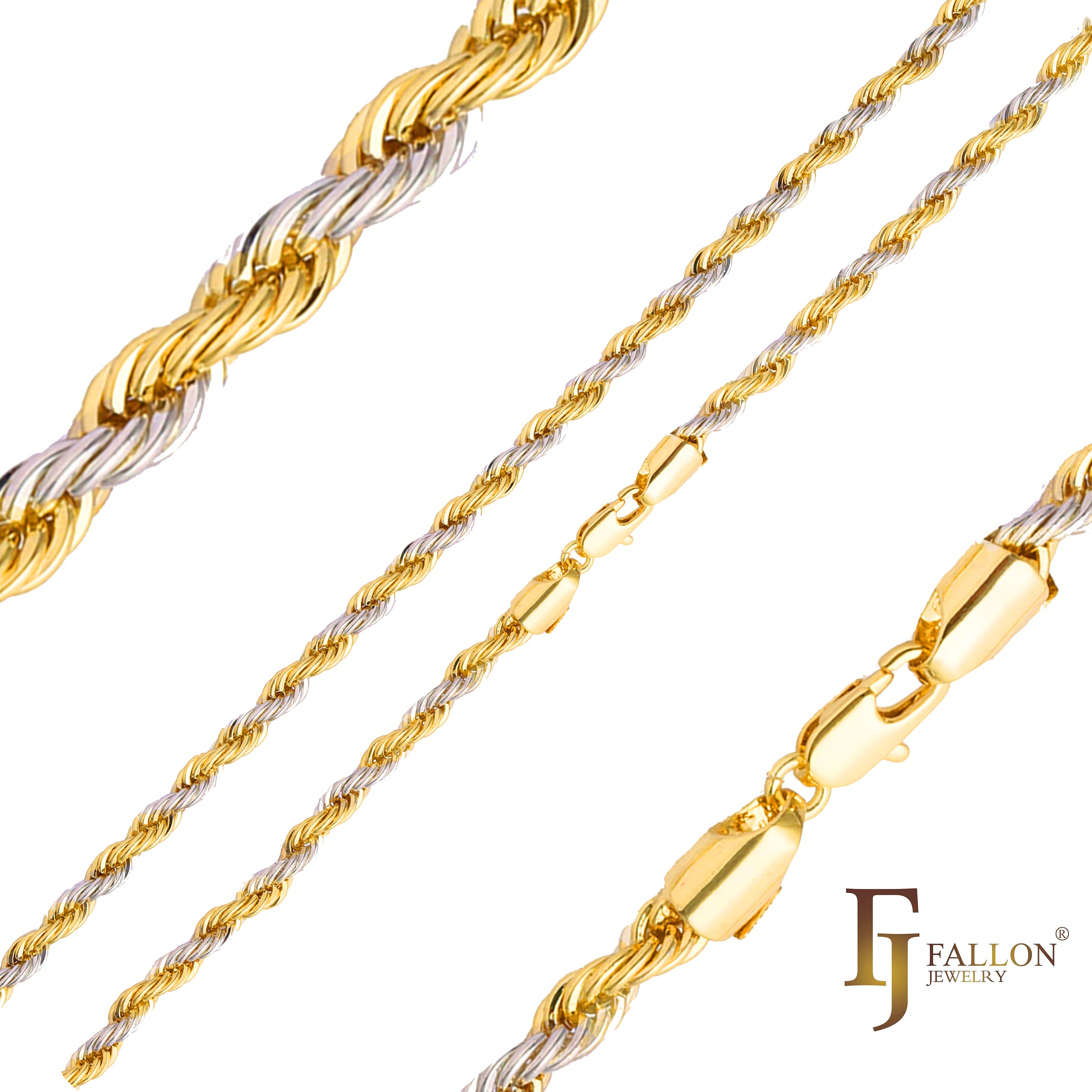Correntes clássicas de corda francesa banhadas em ouro 18K, ouro 14K, dois tons, ouro branco