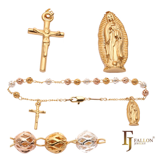 イタリアのグアダルーペの聖母、十字架クロス付きカトリック ロザリオ ネックレス、18K ゴールド、14K ゴールド、14K ゴールド ツートンメッキ
