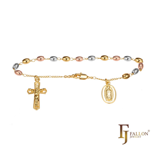Collar de pulseras de rosario católico de la Virgen de Guadalupe italiana chapado en oro de 18 quilates, Oro 14K, Oro 14K en dos tonos