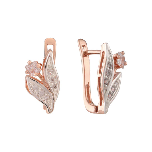 Leaves Cluster white CZ Rose Gold two tone Earrings